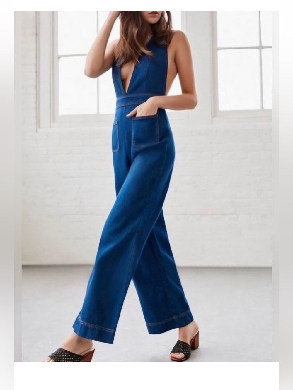 Urban outfitters BDG Deep Blue Denim Wide-Leg Jumpsuit boho